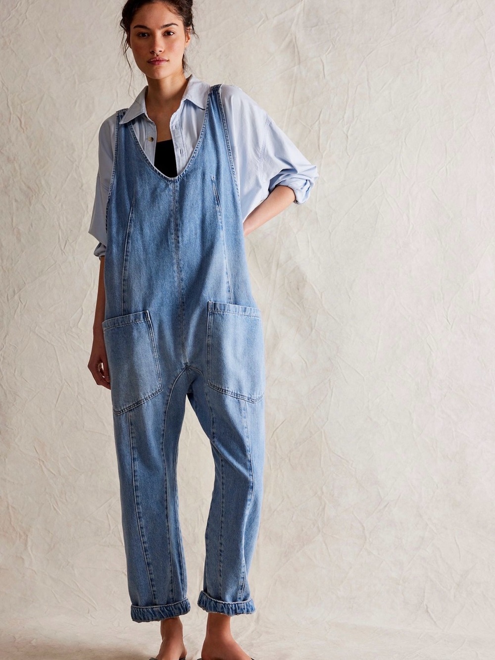 We The Free High Roller Jumpsuit
 Free People Light Blue Denim Relaxed Overalls